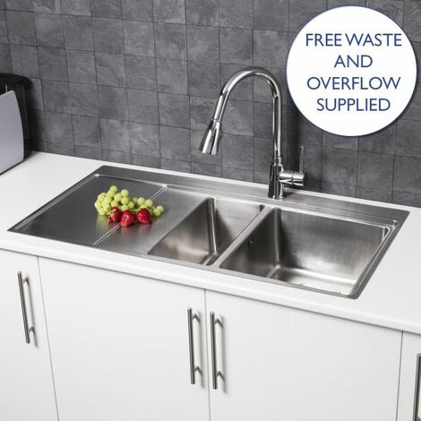S�uber Kitchen Sink 1.5 Bowl LH Drainer Stainless Steel Square Inset Waste - Silver