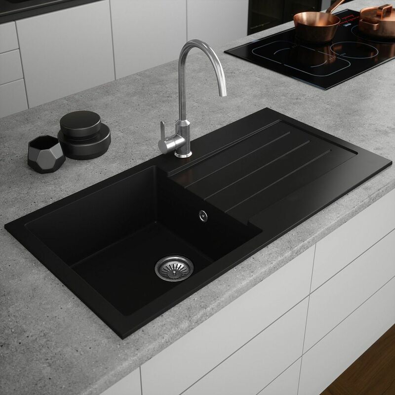 Kitchen Sink Single Bowl 1000x500mm Black Drainer Composite Inset Waste - Sauber