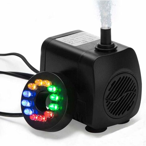 Submersible Mini Water Pump with 12 Colors LED Light 8W Ultra-quiet Aquarium Fountain Pump 450L/H for Terrariums, Fish Tank, Circulation Systems, Pond（Black）