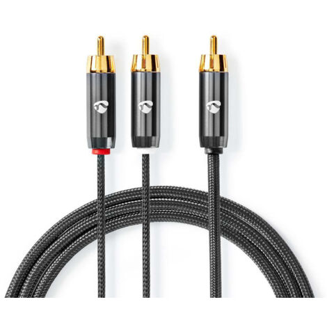 Subwoofer cable rca male 2x rca male gold plated 300 m round 45 mm grey grey with metal carton avec fenetre couverte