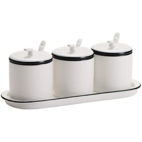 Sucre Blanc en céramique bols Pots à condiments Pots à épices assaisonnement Box Set avec couvercle et cuillère Tray-sets de 3 blanc