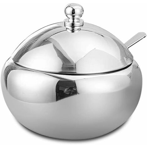 Sucrier - Pot à épices en acier inoxydable 304 - Boîte en métal pour condiments - Récipient avec couvercle et cuillère - Pour sel, sucre, café, thé, herbes (M)