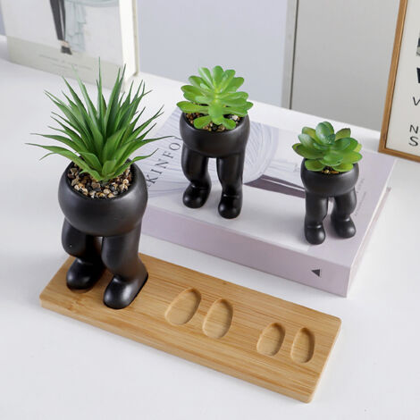 Suculentas artificiales en atractivas macetas de cerámica Juego de 3 mini macetas con platillos de bambú Decoración moderna para la oficina y el hogar