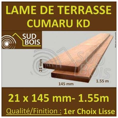 Sud Bois – Lame de terrasse Cumaru KD 1er choix 21x145 lisse 2 faces 1.55m – Imputrescible classe 4 – Résistance aux intempéries