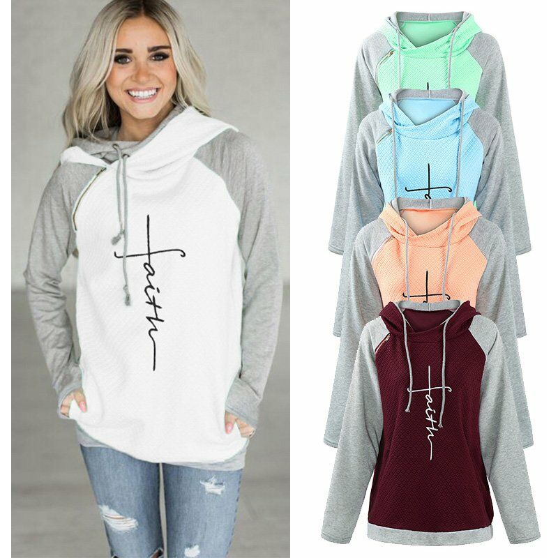 

Sudadera para mujer Color Block Drawstring Hooded Letters Print Long Raglan Sleeve Casual Warm Otono Invierno Pullover,Azul, L