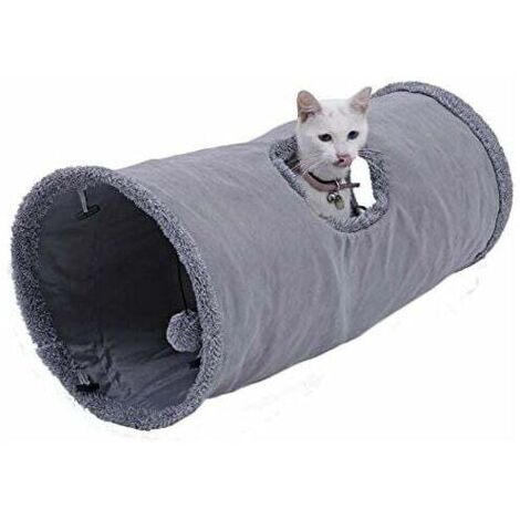 Suede Cat Tunnel Toy, Large Foldable Cat Tunnel with 2 Holes and Hanging Ball for Cats, Kittens, and Rabbits, 25 x 50 cm Diameter