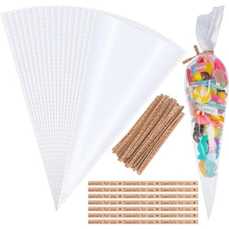 Süßigkeitenbeutel, 100 Stück, Zellophan-Zuckertüten, transparente Kegelbeutel, Geschenktüten für Geburtstagsfeier, Schokolade, Süßigkeiten, Kekse, Seife, Kabelbinder, 13 x 25 cm