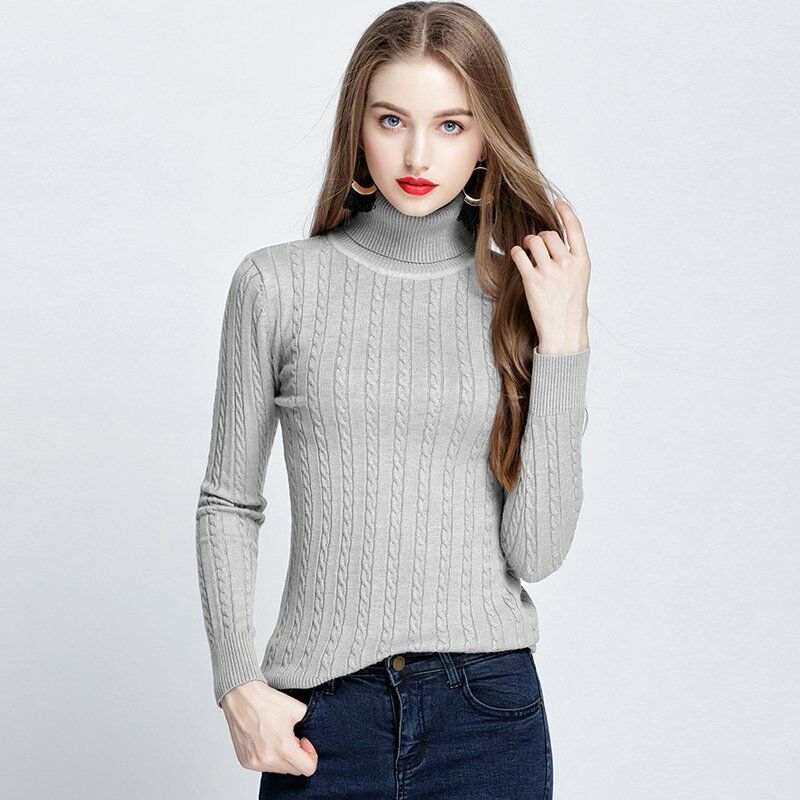 

Sueter de punto de manga larga con cuello alto retorcido para mujer,Gris claro, talla unica