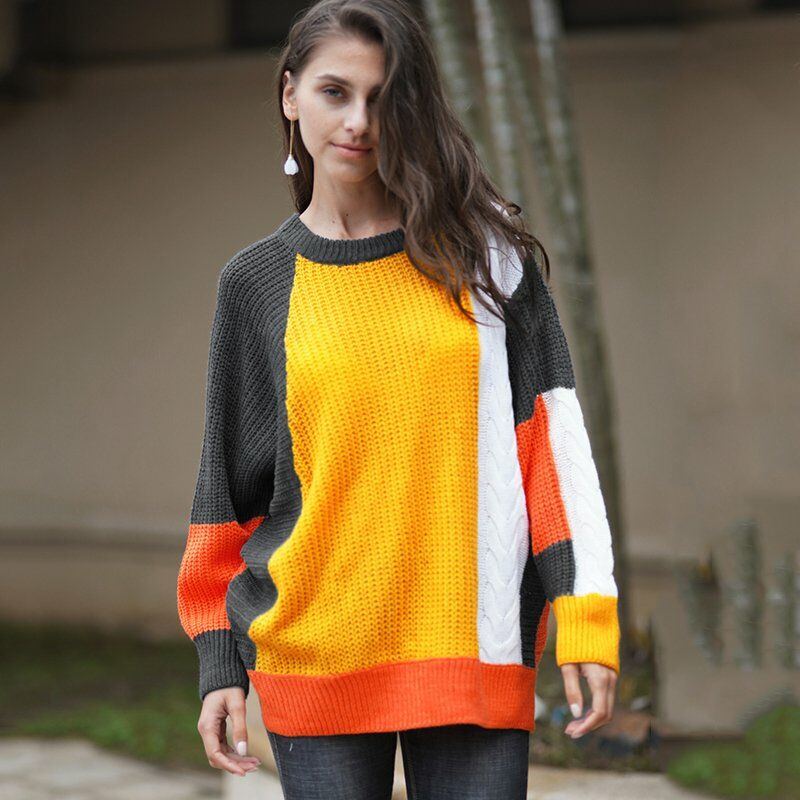 

Sueter de punto para mujer Color Block Manga de murcielago Divisiones acanaladas Twist Otono Invierno Jersey suelto informal,Naranja, L