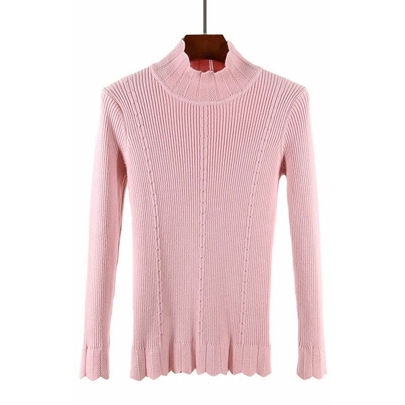 

Sueter de punto para mujer, jersey de cuello alto, manga larga, dobladillo festoneado, costilla, tops de punto,Rosa, talla unica