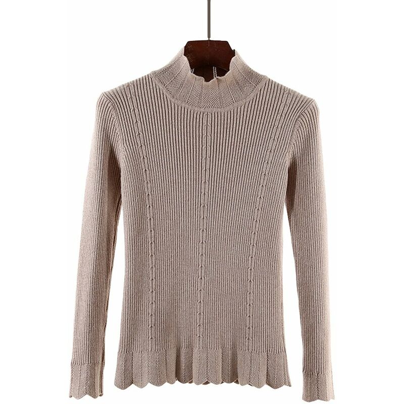 

Sueter de punto para mujer, jersey de cuello alto, manga larga, dobladillo festoneado, costilla, tops de punto,Caqui, Talla unica