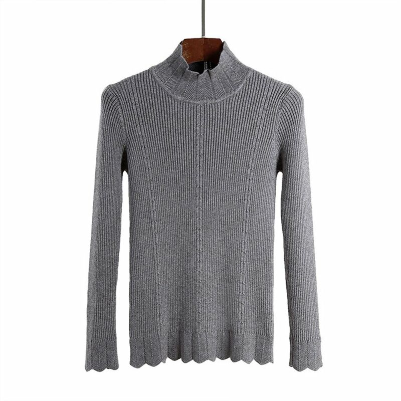 

Sueter de punto para mujer, jersey de cuello alto, manga larga, dobladillo festoneado, costilla, tops de punto,Gris, talla unica