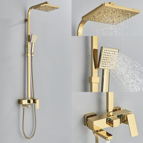 Suguword – Colonne de douche 8 pouces en laiton – Pommeau à effet pluie – Douchette à main – Barre ajustable 800-1200mm – Tuyau 1,5m inclus