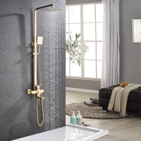 Suguword – Colonne de douche dorée brossée – Pommeau effet pluie 8 pouces – Laiton massif anti-érosion – Douchette à main incluse – Hauteur réglable 75-117 cm