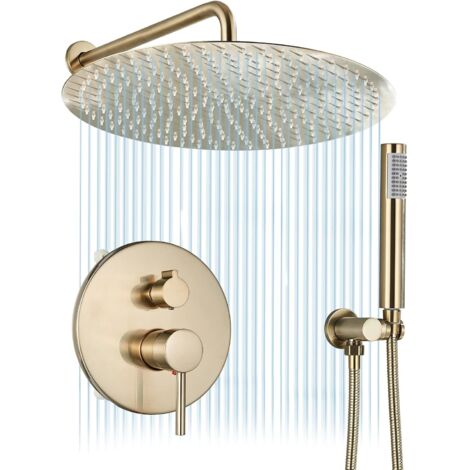 Suguword – Colonne de douche encastrée dorée brossée 30cm – Pommeau rond ultra fin en laiton – Système de douche 2 fonctions – Installation facile - 30cm30cm
