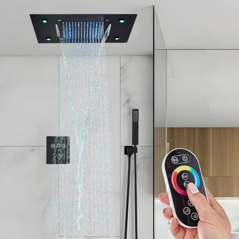 Suguword – Colonne de douche encastrée thermostatique 3 fonctions – Pommeau carré en laiton 49x35cm – Douche à main en laiton noir – Régulation température 38°C