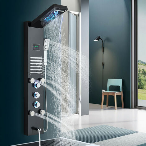Suguword – Colonne de douche hydromassante 5 fonctions – Douche pluie, cascade, pulvérisateur – Acier inoxydable, écran LCD – Installation facile