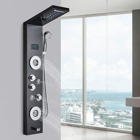Suguword – Colonne de douche hydromassante 5 jets – Acier inoxydable 304 – Écran LED température – Installation murale facile – Douche à main multifonction
