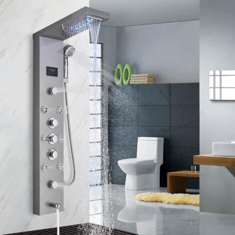 Suguword – Colonne de douche hydromassante 5 jets – Acier inoxydable 304 – Finition nickel brossé – Écran LCD température – Installation murale rapide