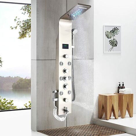 Suguword – Colonne de douche hydromassante 6 jets – Acier inoxydable 304 – Écran LED affichage température – Installation murale facile