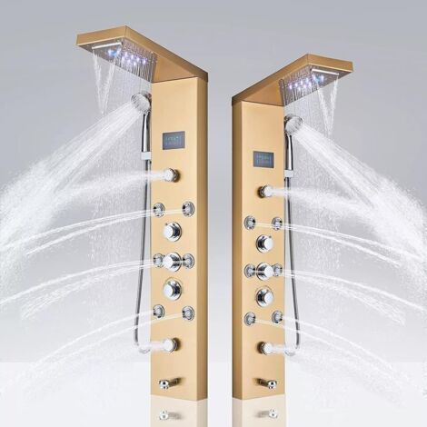 Suguword – Colonne de douche hydromassante en acier inoxydable – 3 jets de massage – Pommeau à pluie avec LED – Écran LCD affichage température