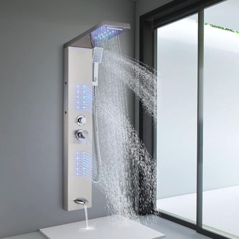 Suguword – Colonne de douche hydromassante en acier inoxydable – Pommeau cascade LED – Jets de massage réglables – Hauteur 110 cm – Longueur tuyau 150 cm