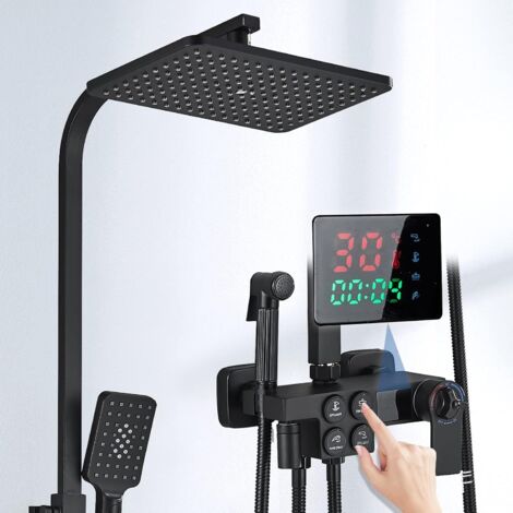 Suguword – Colonne de douche thermostatique noire – Hydromassage 4 fonctions – Barre réglable 90-120 cm – Pommeau à jet ajustable