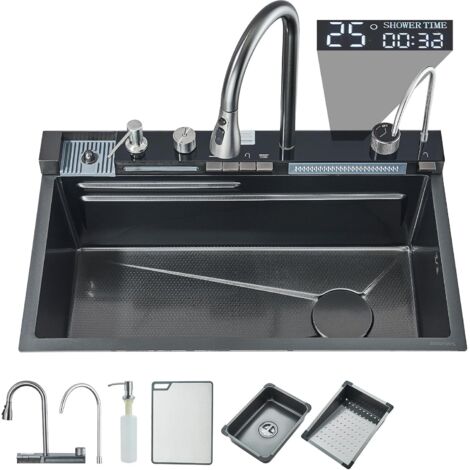 Suguword – Évier de cuisine à bac unique avec robinet multifonctionnel numérique – Affichage LED – Bec en cascade pour lavage efficace – Distributeur de savon intégré