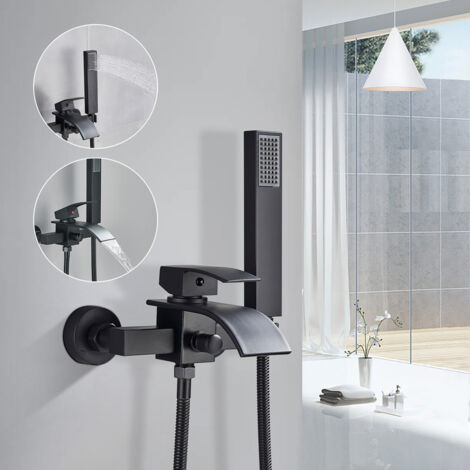 Suguword – Mitigeur de baignoire noir en laiton chromé – Douchette à main avec flexible – Valve en céramique anti-incrustation – Installation rapide