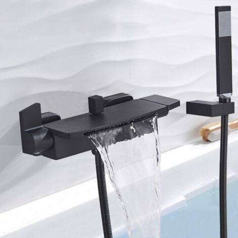 Suguword – Mitigeur de baignoire noir mat en laiton – Bec cascade avec douche à main – Cartouche céramique – Installation simple