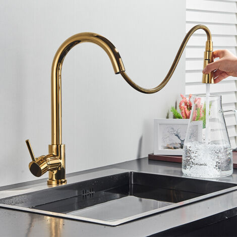 Suguword – Mitigeur de cuisine or avec douchette rotative 360° – 2 modes de pulvérisation – Installation facile sur éviers simples ou doubles