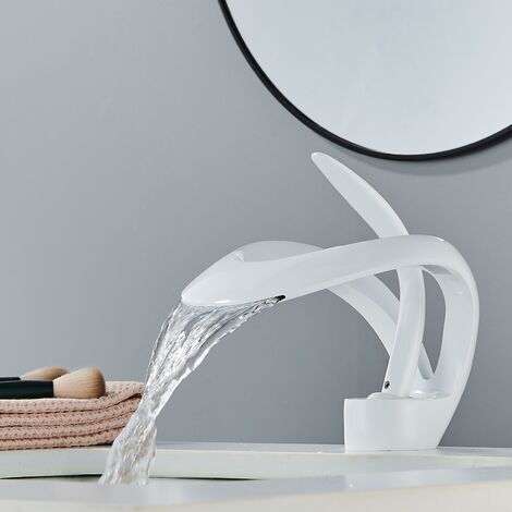 Suguword – Mitigeur de lavabo blanc en laiton – Mono-levier avec contrôle de débit – Raccords à trou unique inclus – Installation facile