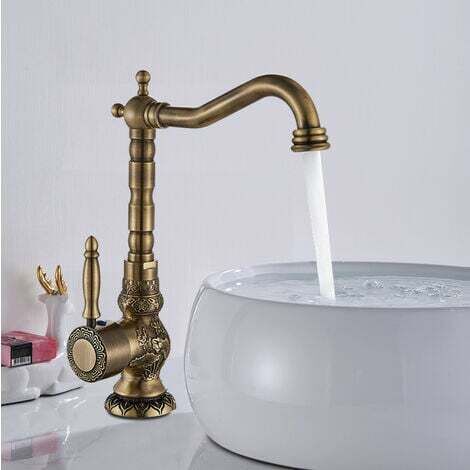 Suguword Mitigeur de Lavabo Robinet de Salle de Bains Monocommande Laiton Délicat Gravé Antique Robinets de Lavabo Chaude et Froide