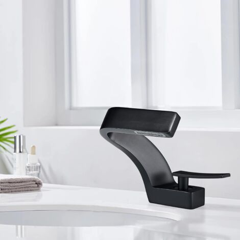 Suguword – Mitigeur lavabo noir en laiton – Bec cascade – Cartouche céramique silencieuse – Économie d'eau jusqu'à 30% – Installation facile
