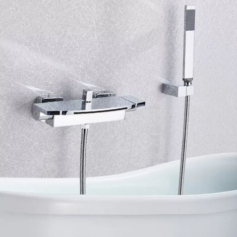 Suguword – Mitigeur thermostatique de baignoire – Buse murale à cascade – Pommeau de douche inclus – Laiton solide – Finition chrome