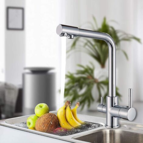 Suguword – Robinet de cuisine 3 voies pivotant 360° – Eau chaude, froide et filtrée – Noyau céramique – Installation sans perçage – Garantie 5 ans