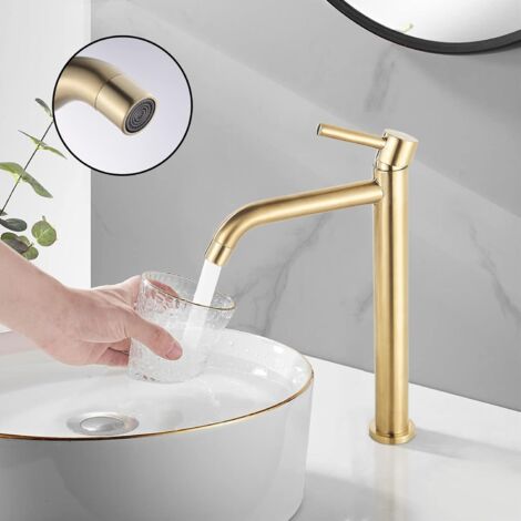 Suguword – Robinet de lavabo haut en laiton doré – Bec haut avec mousseur Neoperl – Hauteur 30.7 cm – Installation facile – Débit d'eau doux et économe
