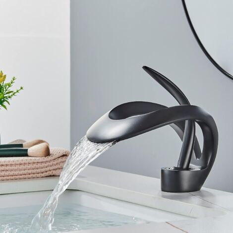 Suguword – Robinet mélangeur à levier unique noir – Laiton durable – Orifice cascade pour meilleur débit – Montage à trou unique