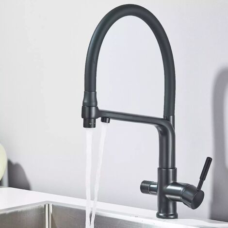 Suguword – Robinet noir 3 voies filtre à eau – Finition chrome Starlight – Corps en cuivre sans plomb – Bec flexible 360° avec pulvérisation