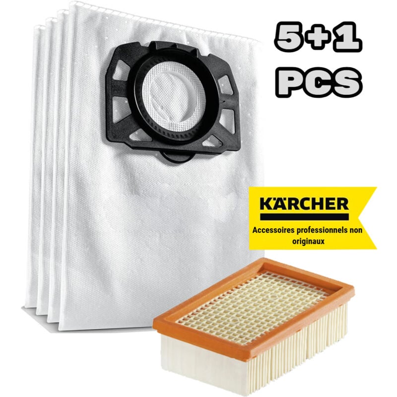 Suitable for Kärcher wd 4, wd 5, wd 6, wd 4290 / 5200 m / 5300 m / 5600 mp lint filter bag + flat pleated filter (pack of 5)