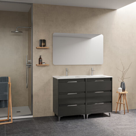 SUKI 120 Meuble double vasque avec six tiroirs, effet Anthracite brillant    Il comprend la vasque en céramique. (Sans miroir)