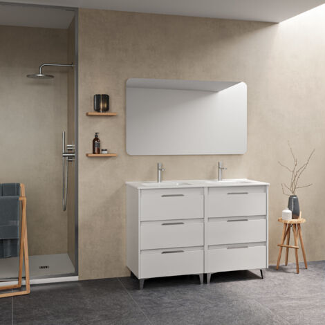 SUKI 120 Meuble double vasque avec six tiroirs, effet blanc brillant    Il comprend la vasque en céramique. (Sans miroir)