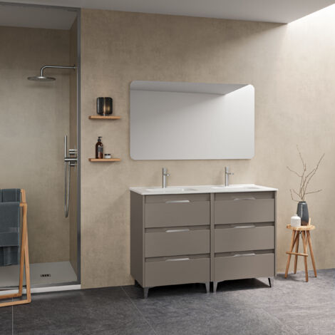 SUKI 120 Meuble double vasque avec six tiroirs, effet Fumé sablé    Il comprend la vasque en céramique. (Sans miroir)