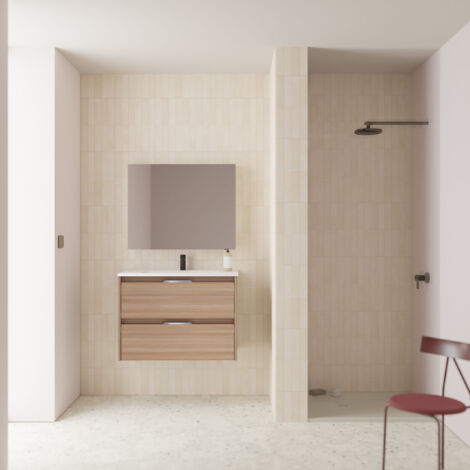 SUKI 60 Meuble simple vasque avec deux tiroirs, effet noyer sablé    Il comprend la vasque en céramique. (Sans miroir)