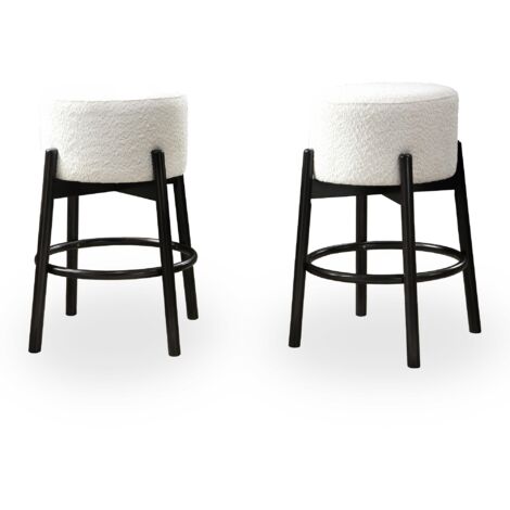 SULLY - Lot de 2 tabourets effet peau de mouton blanc et bois noir