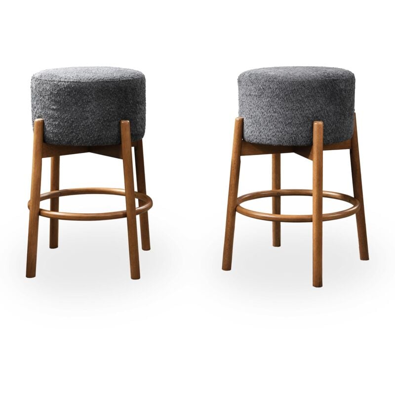 Mobilier Deco - sully - Lot de 2 tabourets effet peau de mouton gris foncé et bois clair
