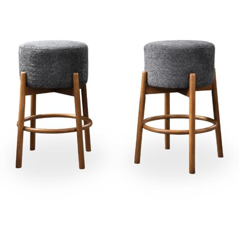SULLY - Lot de 2 tabourets effet peau de mouton gris foncé et bois clair