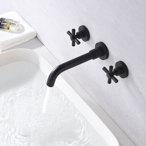 SUMERAIN Mélangeur de Lavabo Mural noir mat, Robinet de lavabo avec trois trous à deux poignées
