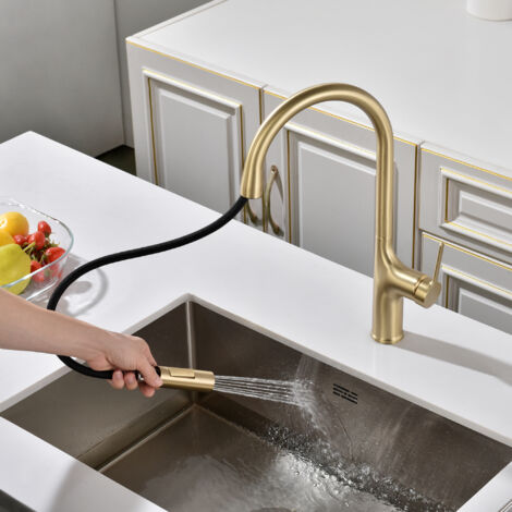 SUMERAIN Mitigeur de Cuisine avec Douchette Extractible Double Fonction Bec Monotrou en Acier Inoxydable - Finition Or Brossé