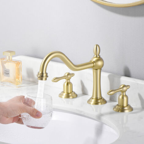 SUMERAIN Mitigeur de Lavabo Classique Or Brossé avec Bec Pivotant à 360° et Double Poignée, sans Plomb, Finition PVD Durable